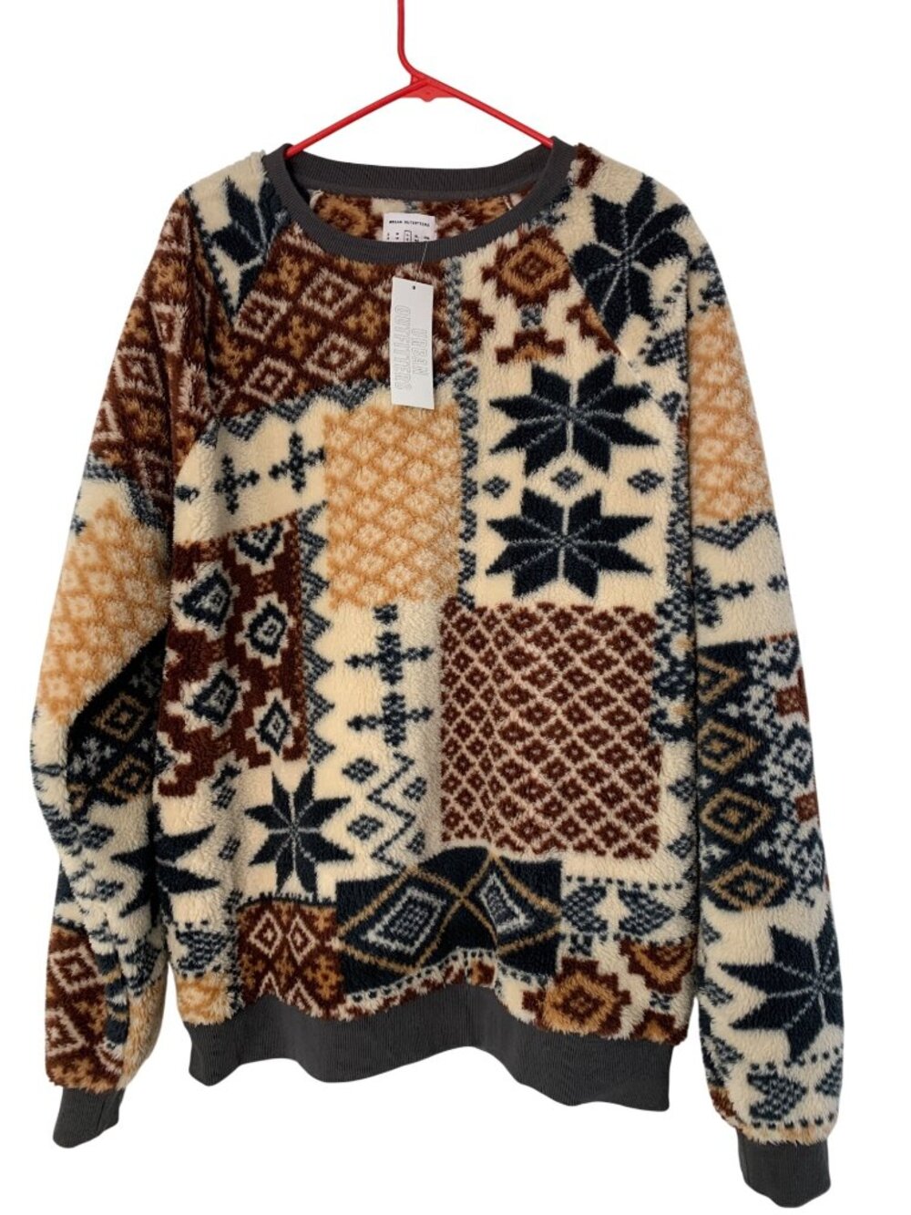 Mens Urban Outfitters L Cozy Fleece Pullover Sweater Patchwork Nordic Pattern NW